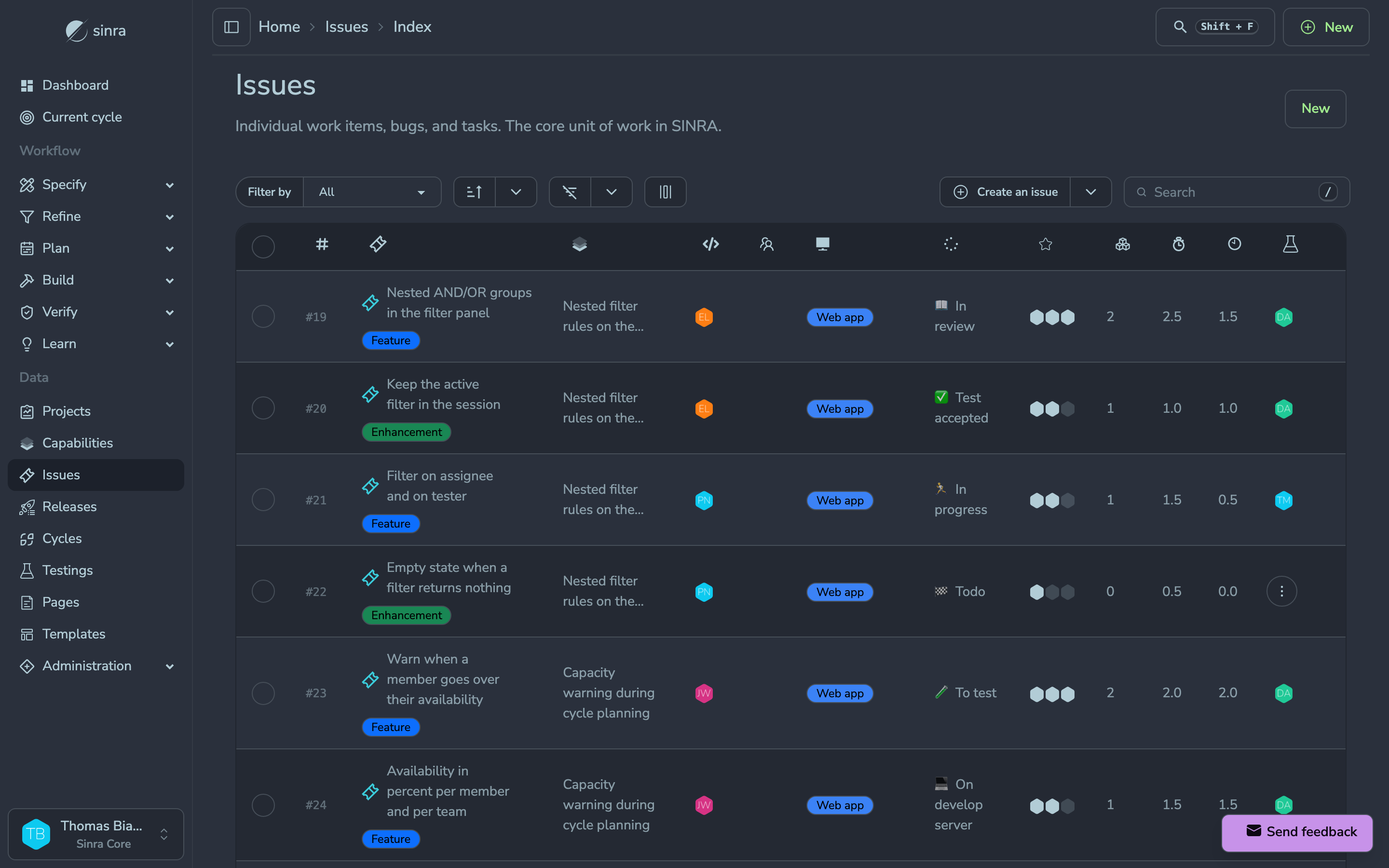 The issue table, sortable by any column, with the capability, the platform and the development status on every row.
