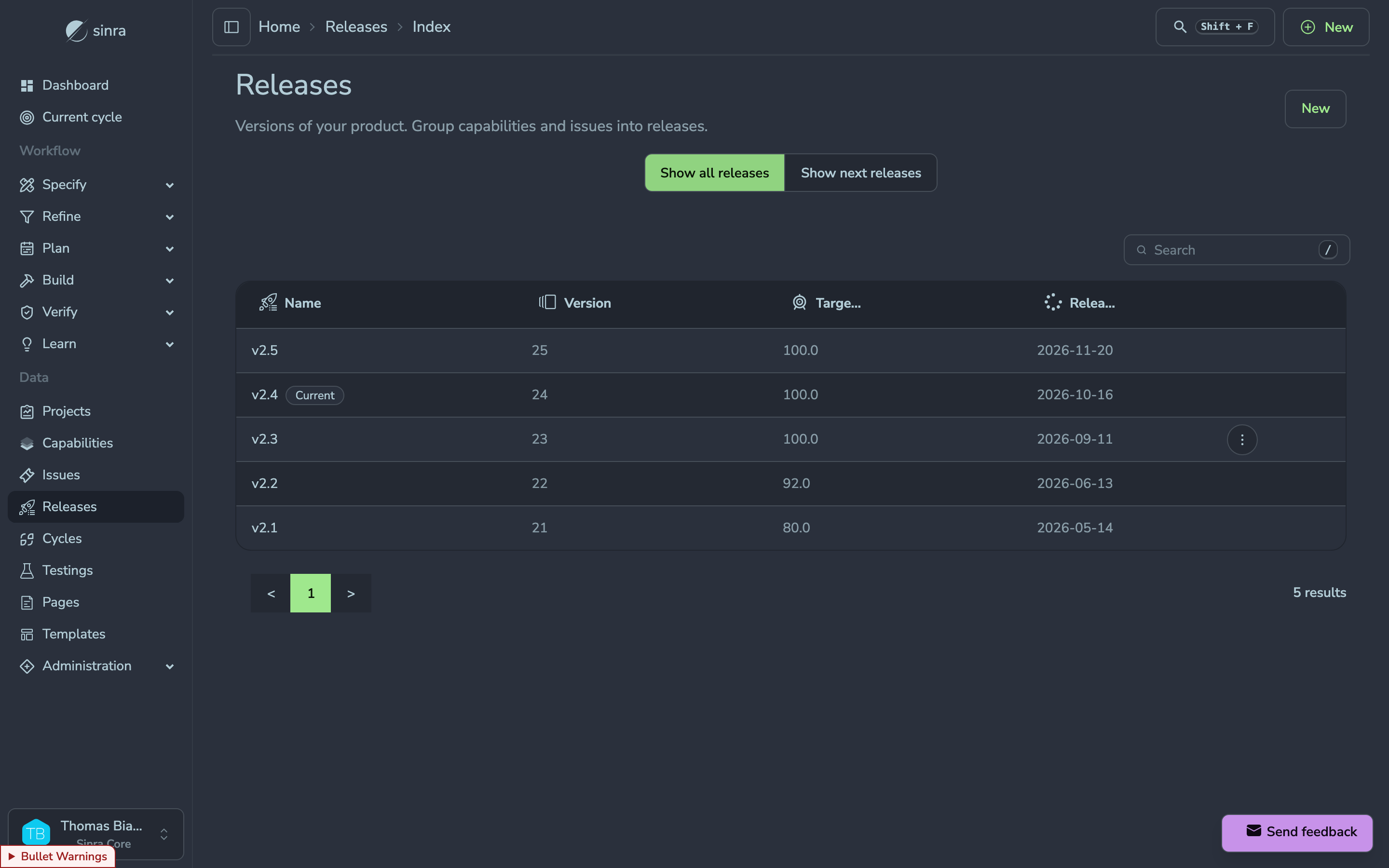 Release list with version number, target capacity and release date.