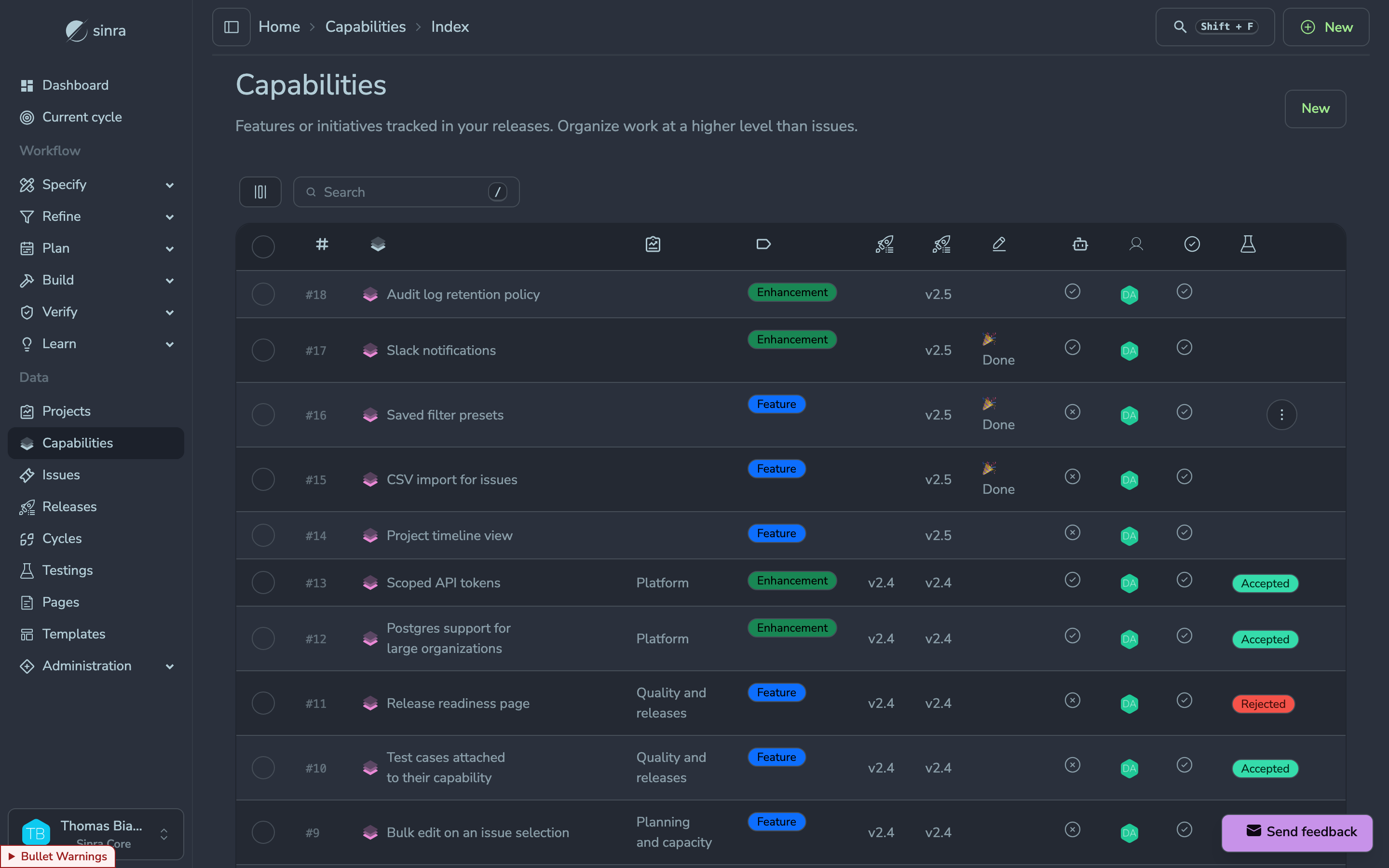 Capability list with release, wished release, project, label and test status.