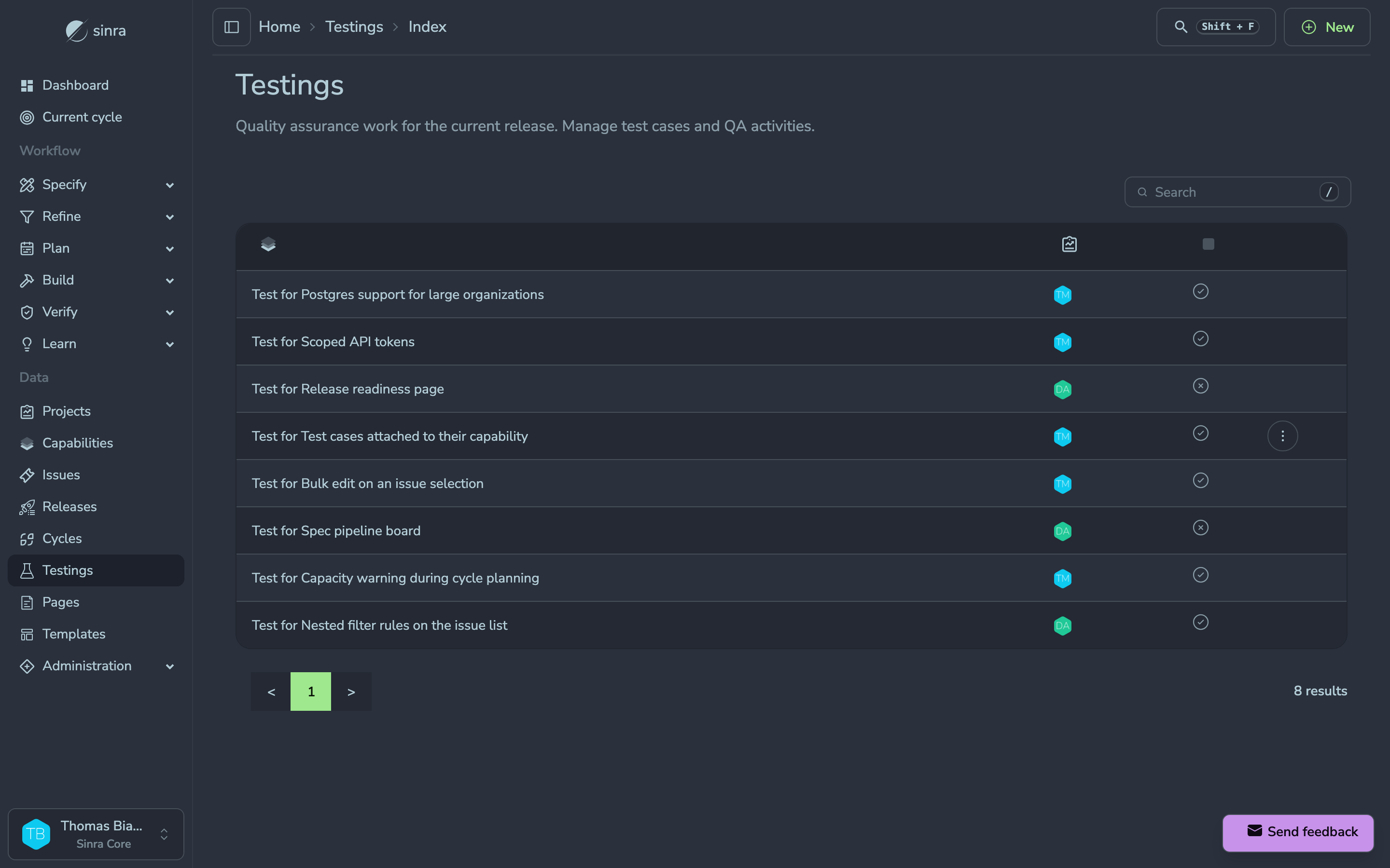 Test case list, each one attached to a capability, with its tester and its acceptance state.