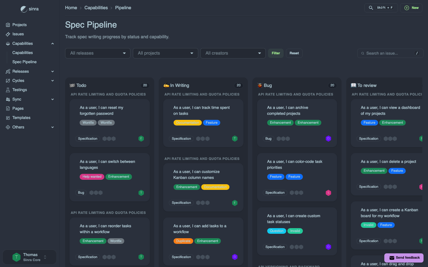 Tableau Kanban Spec Pipeline pour PO/PM
