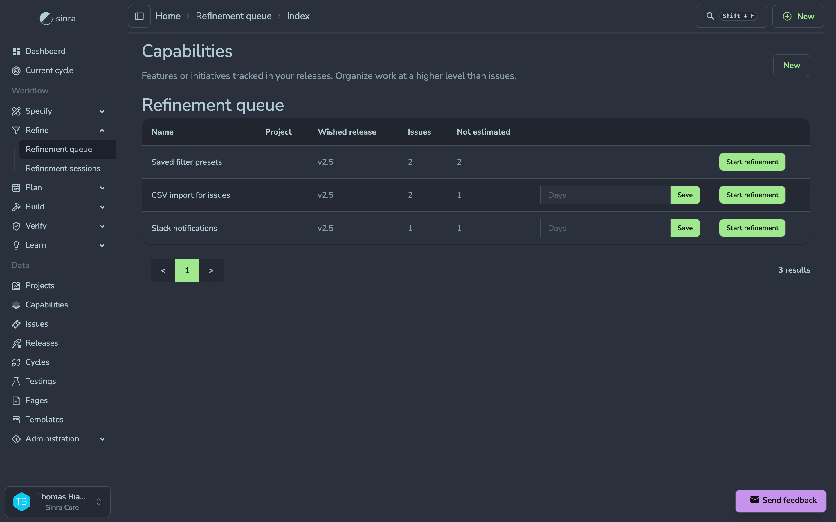 The refinement queue: capabilities whose spec is done, with the number of issues still to estimate.